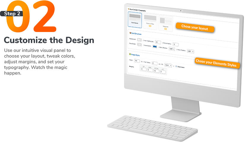 Use our intuitive visual panel to choose your layout, tweak colors, adjust margins, and set your typography. Watch the magic happen.